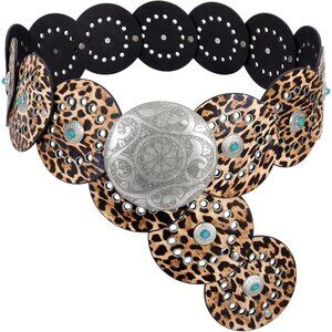 Woman's Western PU Leather Belts Concho Disc Wide Waist Belt Leopard Silver
